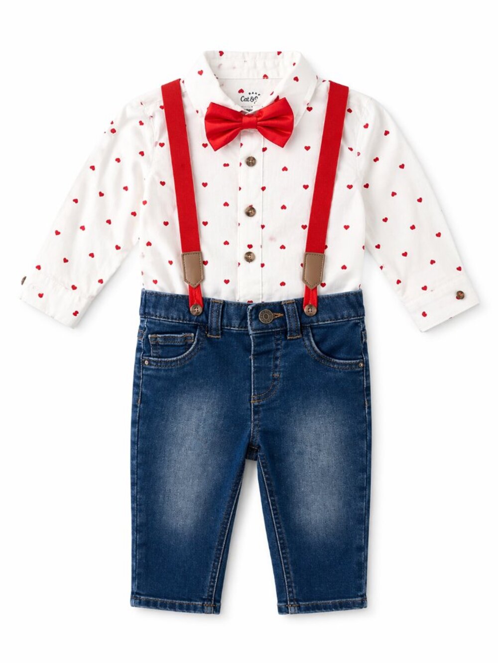 NWT Cat & Jack Baby Boy 3pc Outfit 12M Valentine Hearts Shirt Bow Tie Suspenders